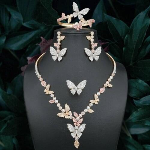 ModemAngel Delicate Butterfly Cubic Zirconia Copper 3 Tones Luxury Jewelry For Women Necklace Bracelet Earring Ring Set