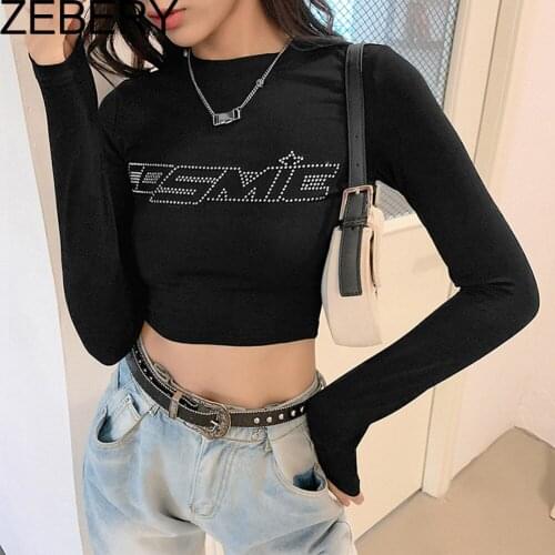 ZEBERY Autumn Cotton Rhinestone Letter Graphic Tshirt Woman Street Bodycon Activity Crop Tops Female Soft Long-Sleeve Tees Basic
