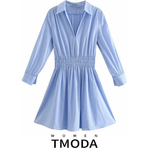 TMODA1657 ZA 2021 Spring Summer Women Striped Dress Office Lady Turn Down Collar Long Sleeve Dress Elegant Girls Causal Outfits