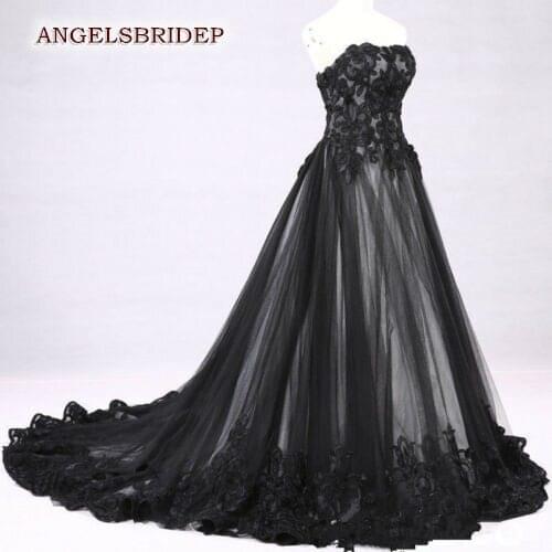 ANGELSBRIDEP Black Applique Ball Gown Wedding Dresses Vestido De Noiva Sexy Strapless Floor-Length Formal Bridal Gowns