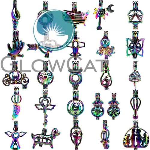 1X Rainbow Stone Beads Cage Locket Lucky Bags Wishing Bottle Angel Leaves Perfume Diffuser Pearl Cage for Oyster Pendant