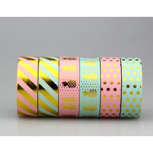 1X Size 15 mm*10m Kawaii Scrapbooking Tools DIY Stripes,Gold Pink Blue Pineapple & Dots Japanese Paper Foil Washi Tapes Masking