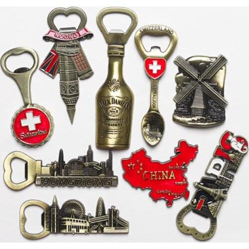 2Pcs Nation City Bottle Opener Refrigerator Magnets Tourism Souvenirs China Dutch Windmills Hongkong Restaurant Fridge Office