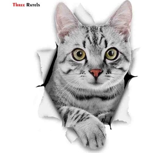 FTC-1036 Three Ratels 3D Cat Stickers Grey Tabby for Laptop Moto Skateboard Luggage Refrigerator Toy Sticker