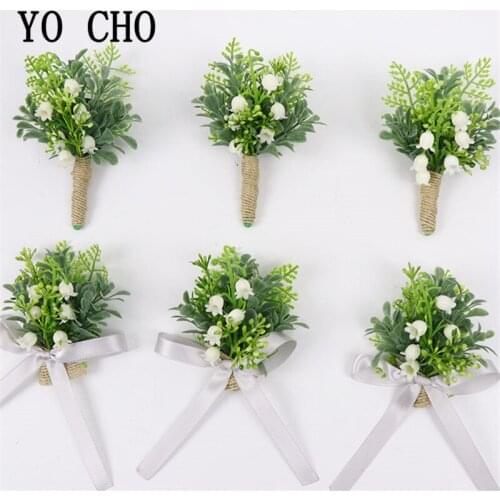 YO CHO Lily of the Valley Wedding Boutonniere Bridal Wrist Corsage Flowers Groomsmen Prom Party Boutonniere Green Forest Style