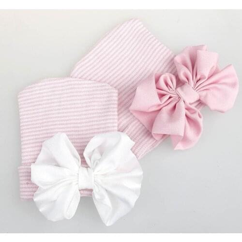 Newborn baby hat Toddler Baby Warm Hat Striped Caps Soft Hospital Girls Hats Bow Beanies for Newborn 0-3M Send Earring as gift