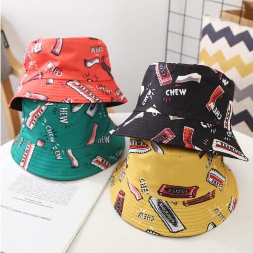 Two Side Reversible chewing gum Bucket Hats for kid Fishing Cap Children Hip Hop bob hat summer fashion panama sun hat black red