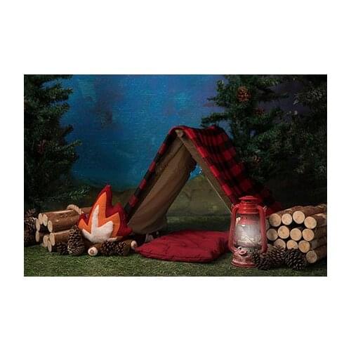 Camping Tent Campfire Wood Lumberjack Tree Outdoor backdrop High quality Computer print children kids background