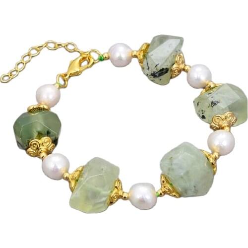 JK Cultured White Keshi Pearl Green Prehnite Quartz Bracelet For Women