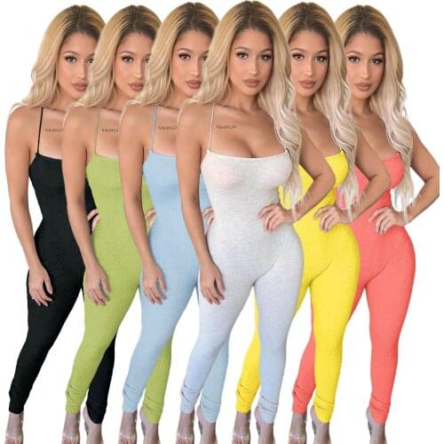 Summer Night Club Solid Color Sexy Thread Strap Open Back Suspender Jumpsuit Rompers Womens