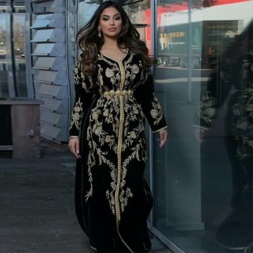 Moroccan Caftan Evening Dress Elegant Black Embroidery Appliques Muslim Formal Prom Gown Kaftan Arabic Party Dress Custom Made