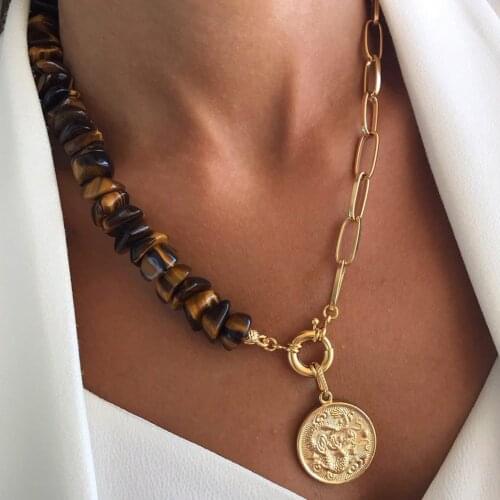 Chunky link chain Natural stone Quartz crystal Turquoises tiger eye aventurine gravel Pendant Jewelry necklace Accessories women