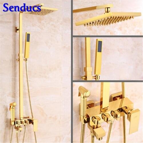 Senducs Gold Shower Set with High Quality Brass Bathroom Shower System Square Shower Faucet Hot Sale Golden Shower Set
