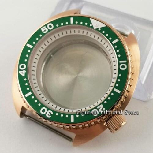 New 45mm Rose Gold Watch Case White Chapter Ring Sapphire Glass Green Alloy Bezel Insert Fit NH35 NH36 Movement