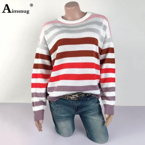 Aumsnug Sweater Women Autumn 2020 Leisure Casual Tops Long Sleeve O-neck Stripe Pullovers Knitted Sweaters Femme Warm Clothes