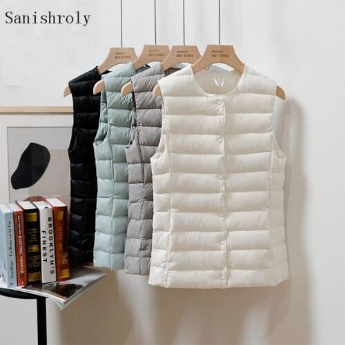 Autumn Winter Women Ultra Light White Duck Down Vest Lady O Neck Sleeveless Lightweight Waistcoat Short Tank Jacket Big Size 3XL