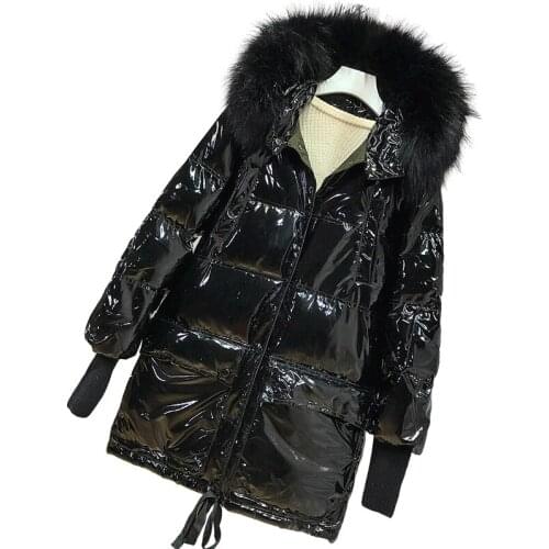 Black Glossy Down Coat Women Big Fur Collar Jacket Winter Warm Hooded Down Parka Jacket Long Womens White Duck Down Coat Outwear
