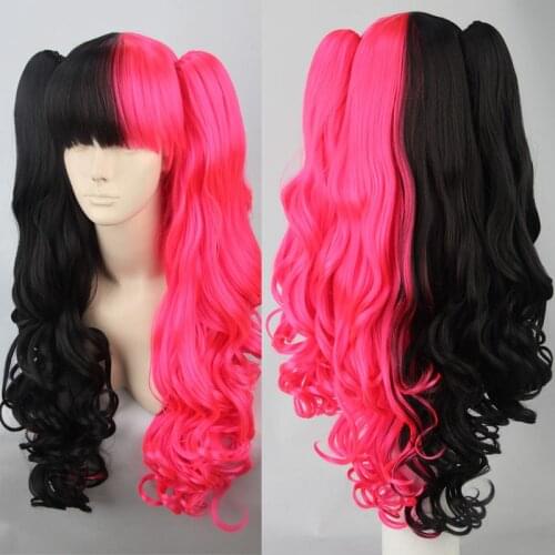 Harajuku Lolita Wig 65cm Wavy Long Half Black and Rose Red Cosplay Costume Wigs With Chip Removable Ponytails + Wig Cap