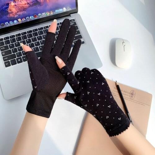 Women Summer Sunscreen Cute Lovely Non-Slip Cotton Mesh Breathable Soft Drive Cycling Anti-UV Leakage Finger Fishing Gloves