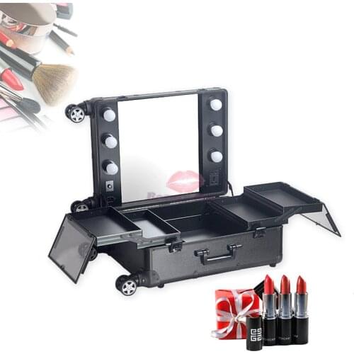 Professional lighted makeup station with 4 legs, beauty case with mirror trolley light and stand, cosmetic train case