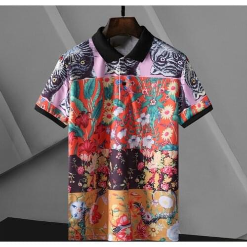 New Summer Mens Floral Print Polo Shirts Man Shirts Shiny and Stretchy Short Sleeve Polo Shirt Mens Fashion Top Tees