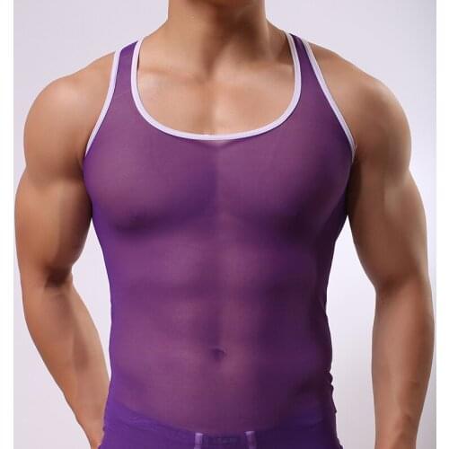 Mesh Transparent Men Sexy Fitness Bodybuilding Tank Tops Gay Vest See Through Singlets Undershirt