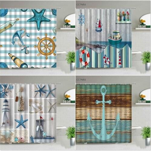 Nautical Cartoon Pattern Shower Curtains Anchor Lighthouse Rudder Decorative Vintage For Kids Bathroom Decor Screen With Hooks