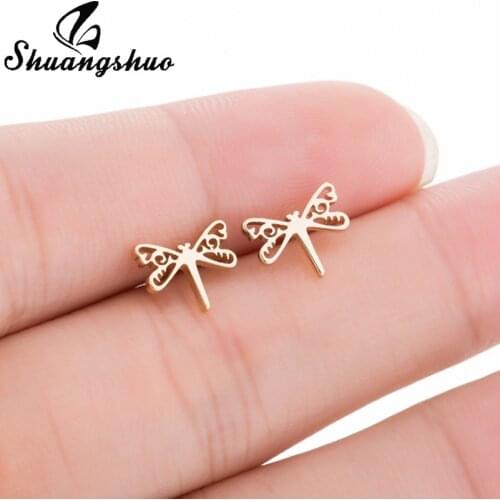Shuangshuo Korean Fashion Hollow Dragonfly Earrings for Wedding Accessories Dragonfly Stainless Steel Earrings for Women