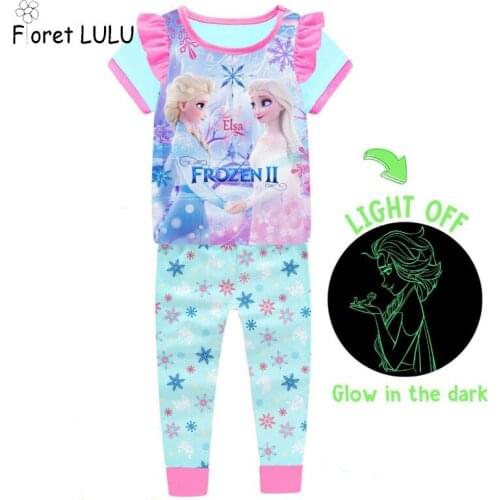 Glow In Dark Elsa Anna childrens pajamas cartoon pyjama girls pjs sleepwear clothes for kids horse horn unicornio Strawberry