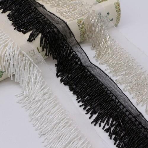 1Yd 4.5cm wide black white silver three rows hanging beads tube beaded lace handmade skirt hem boutonniere accessories AC788
