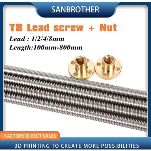 3D Printer THSL-300-8D Trapezoidal Rod T8 Lead Screw Thread 8mm Lead1mm Length100mm200mm300mm400mm500mm600mm with Brass Nut