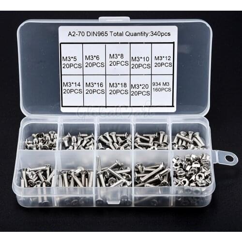 340Pcs/set M3 Pan Head Screws and Nuts Assortment Kit Set 304 Stainless Steel Screw Hex Nut Fastener Hardware for FPV Drone