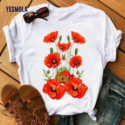 YESMOLA Women 90s T Shirt Print Red Poppy Funny Tshirts O-neck Aesthetics Tshirt Casual Short Sleeve Streetwear Women Tops Tee