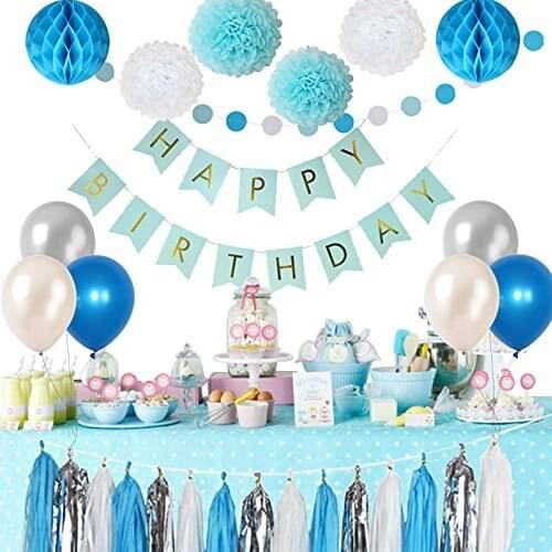 Frozen Theme White and Blue Party Decorations for Kids balloons, Pom Poms Flowers, birthday banner, paper Garland , Tassels Kit