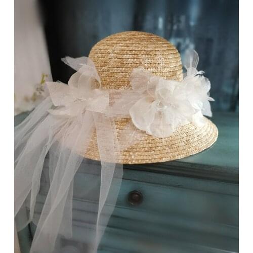 Vintage Straw RAFFIA Bucket Hat For Women Spring Summer Bride Straw Sun Hat Deep Wedding Fedoras With Long Flower Mesh Bride Hat