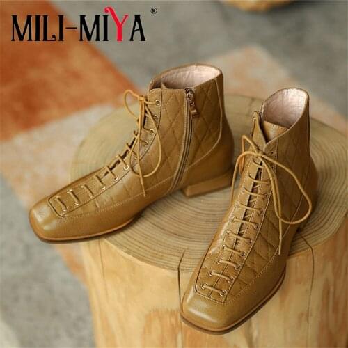 MILI-MIYA Fashion Women Full Genuine Leather Ankle Boots Square Heels Lace Up Zipper Solid Color Spring/Autumn Shoes For Ladies