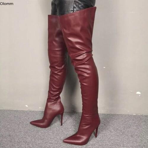 Olomm Women Thigh High Boots Stiletto High Heels Boots Pointed Toe Super Sexy Wine Red Black Party Shoes Women Plus US Size 5-15
