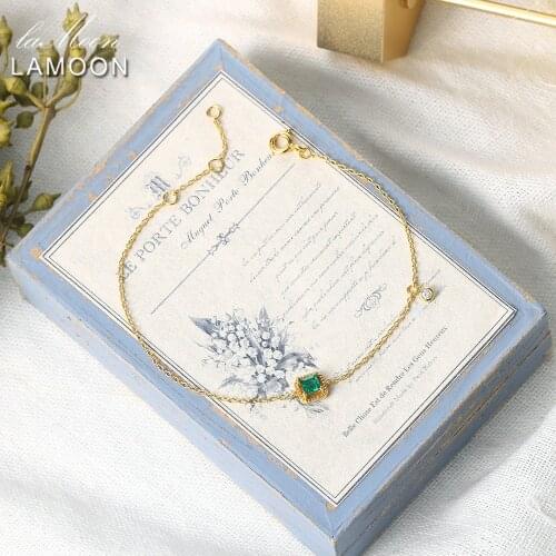 LAMOON 925 Sterling Silver Synthetic Emerald Bracelet For Women Retro Princess Cut Stone 14K Gold Plated Fine Jewelry LMHI035