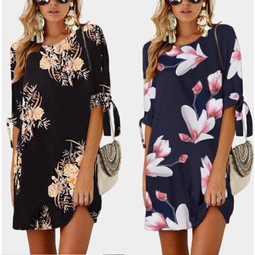 Half Sleeve Printing Round Lace Up Neck Casual Dress For Woman Summer