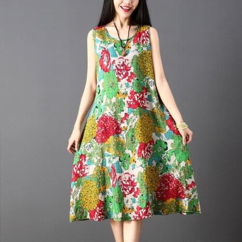 #0310 Summer Tank Top Dress Women Sexy Vintage Floral Printed Cotton Sleeveless Retro A-line Ladies Dresses Loose O Neck