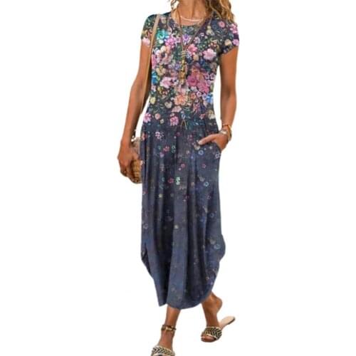50% Hot Sales Dress Round Neck Loose Female Ladies Vintage Floral Print Dress for Vacation