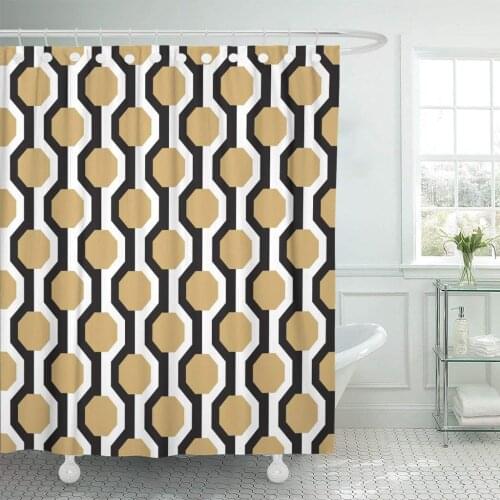 Geo Hexagons Pattern in Black White and Gold Abstract Shower Curtain Waterproof Polyester Fabric 60 x 72 Inches Set with Hooks