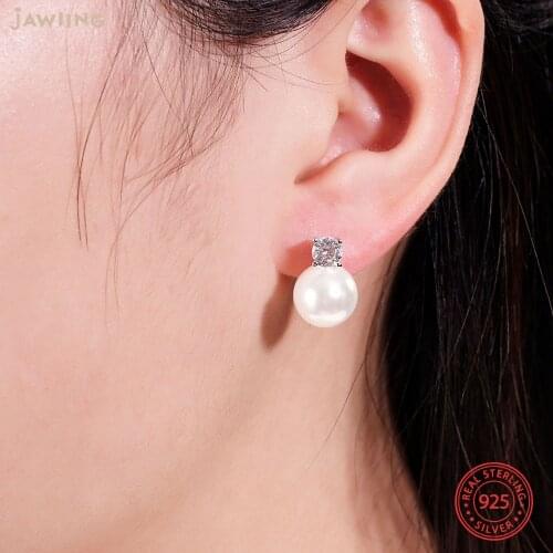 White Pearl Stud Earring Silver 925 Fine Jewelry Statement AAA CZ Holiday Gift for Women