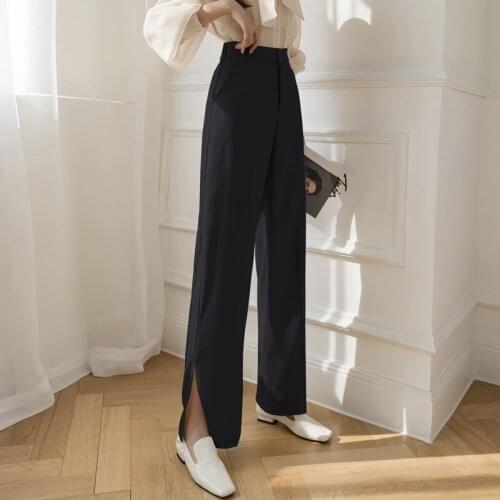 Casual High Waist Button Wide Leg Pants for Women Spring Loose Pockets Female Floor-Length Split Suits Pants Ladies Trousers
