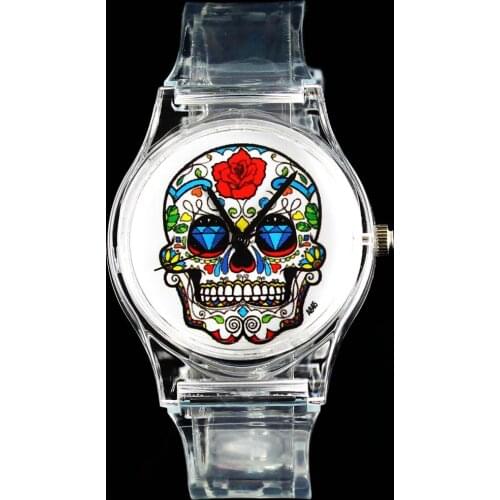 Rose Flower Skull Skeleton Heart Evil Devil Quartz Watch Fashion Men Women White Transparent Band Wrist Watches