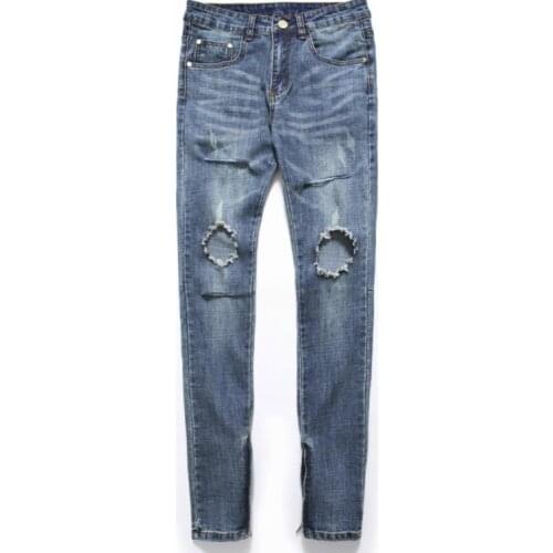 Big Hole Mens Beggar Men Solid Blue Casual Skinny Ripped Zipper Jeans Hip hop High Street Pants
