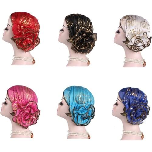 European And American Popular Headdress Hat Muslim Headwrap Cap Beauty Gauze Hot Gold Plate Flower Loss Hair For Ladies Turban
