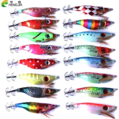 HENGJIA 1pc Boxed Wood Shrimp Fishing Lure Baits Squid Jigs Luminous Octupus Lures Simulation Lifelike Night Fishing Tackle Tool