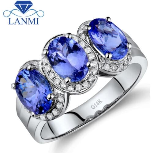 AAA NATURAL TANZANITE THREE STONES IN 14KT SOLID WHITE GOLD ENGAGEMENT RING WU189