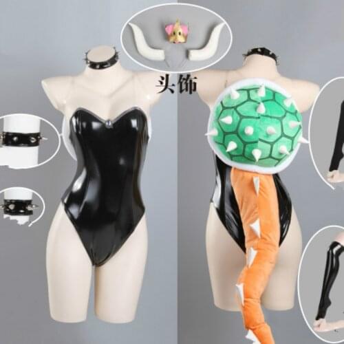 Super Mario Bowsette Cosplay Costume Bowser Cos Mario Princess Toadstool Peach Cosplay Latex Catsui Black Turtle Shell Tail